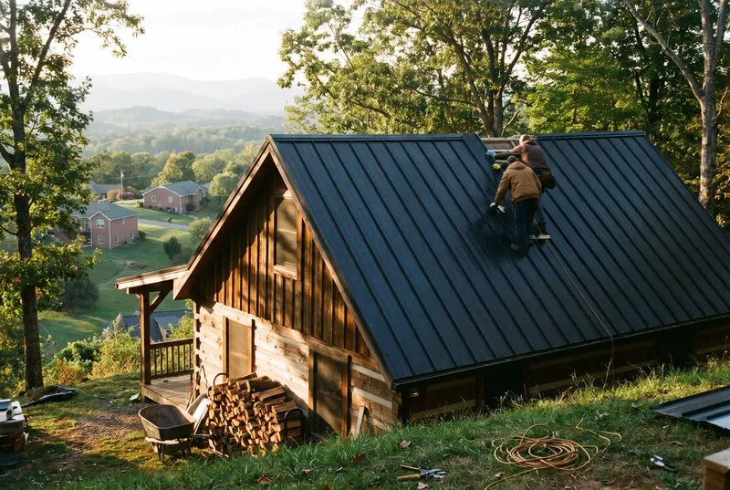 dark standing seam metal roof on a timber cabin on a wooded hillside (sample photo)