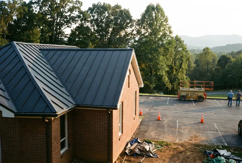 brick commercial building with a charcoal standing seam roof (sample photo)